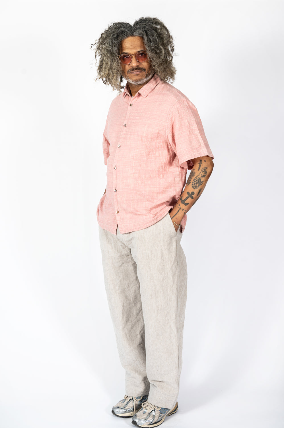 Unisex Organic S/S Cotton Slub Shirt, Pink and White