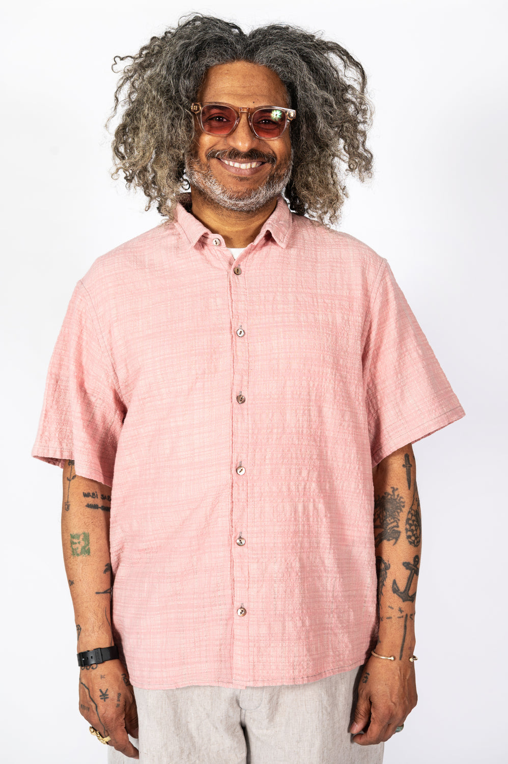 Unisex Organic S/S Cotton Slub Shirt, Pink and White