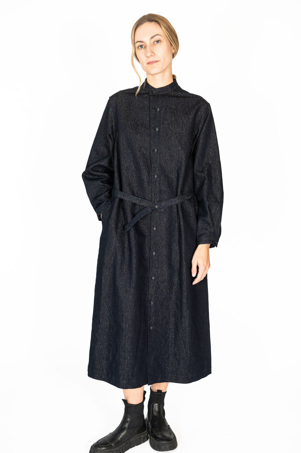 Gold Yarn Indigo Band Collar Shirt Dress