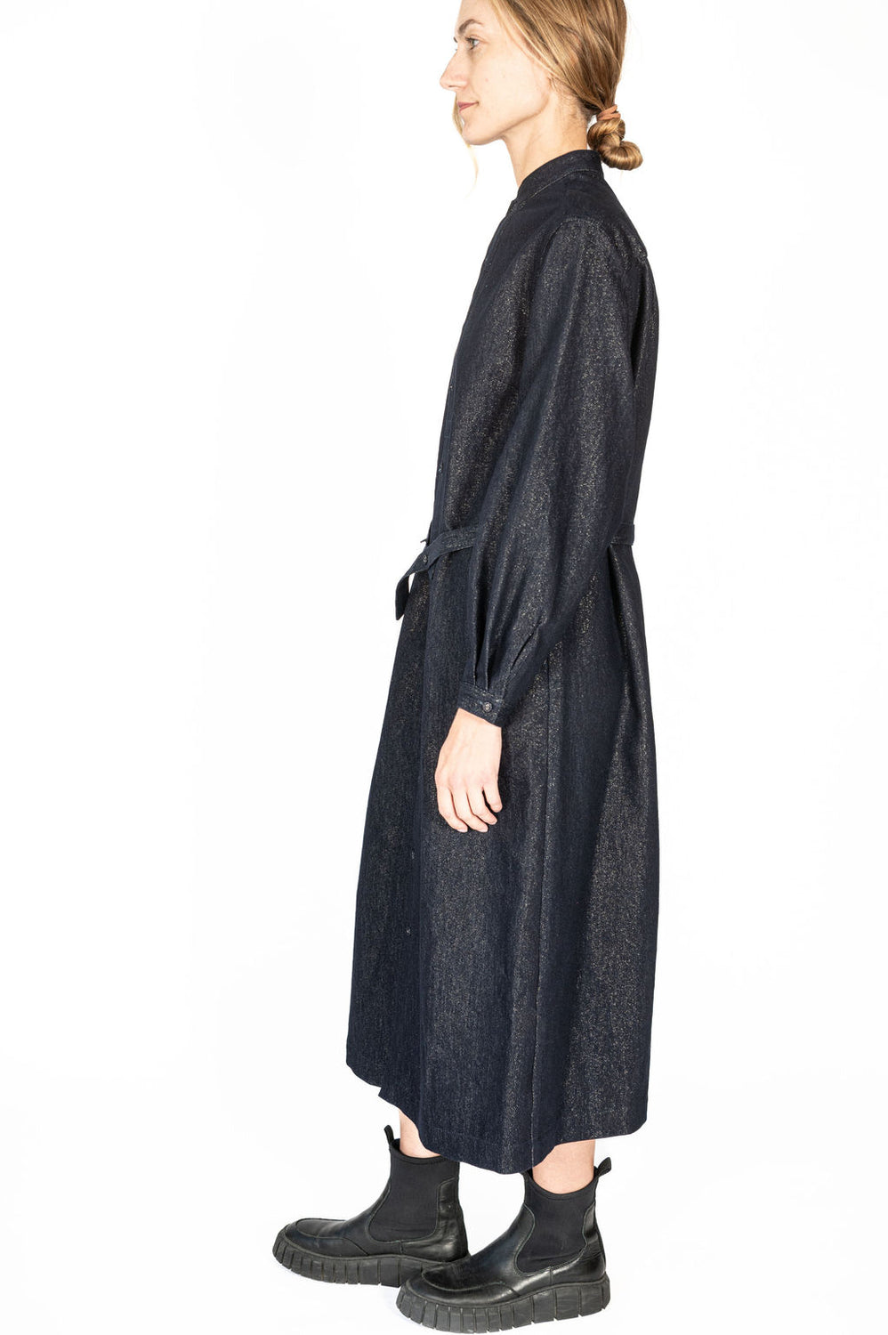 Gold Yarn Indigo Band Collar Shirt Dress