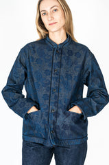 Woven Discharge Printed Denim Tsujigahana Stand Up Collar Jacket