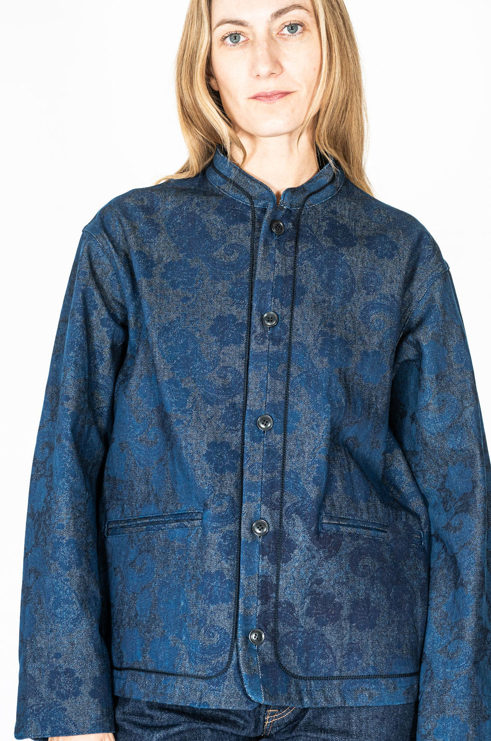 Woven Discharge Printed Denim Tsujigahana Stand Up Collar Jacket