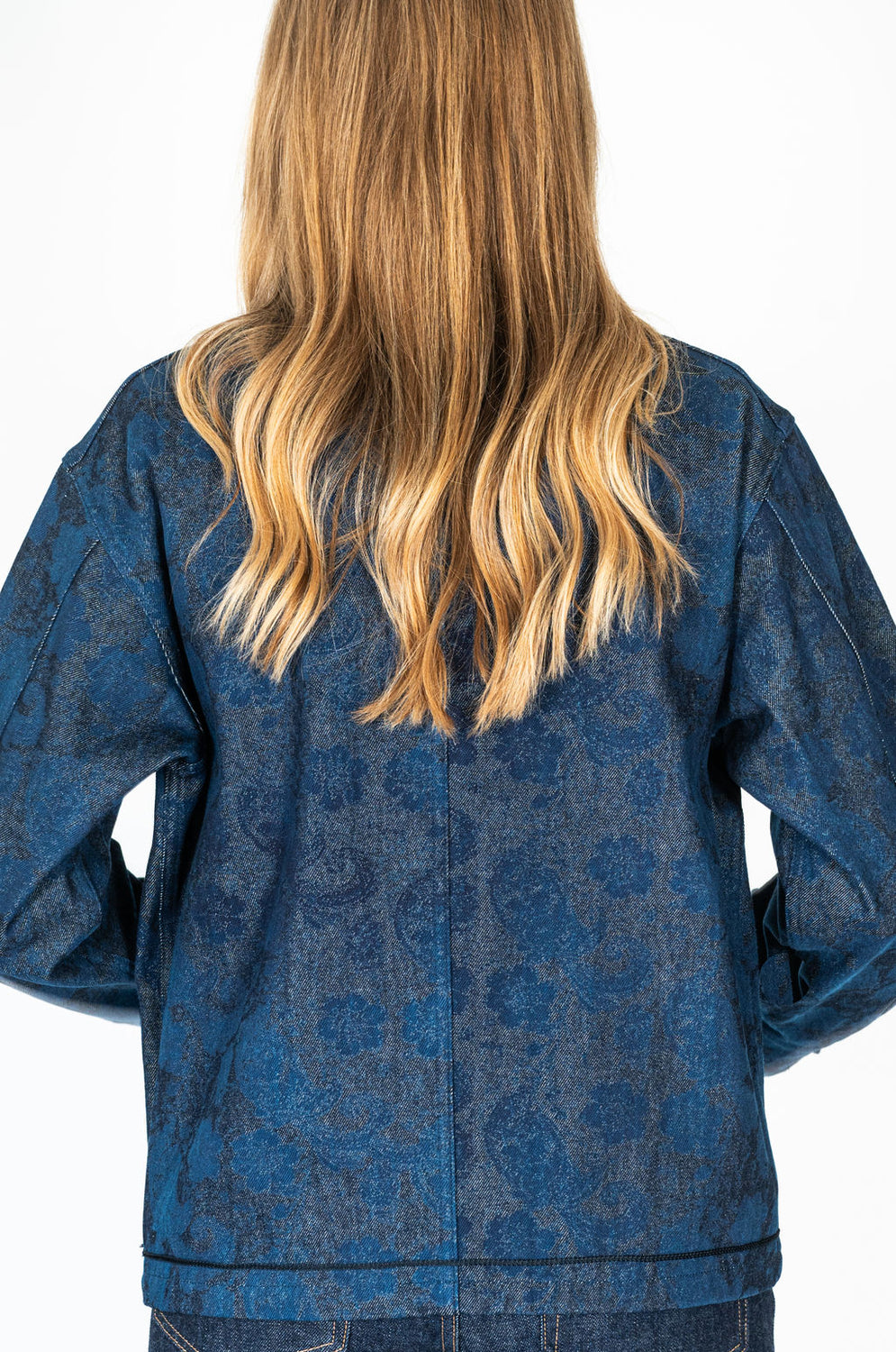 Woven Discharge Printed Denim Tsujigahana Stand Up Collar Jacket