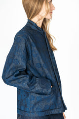 Woven Discharge Printed Denim Tsujigahana Stand Up Collar Jacket