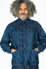 Woven Discharge Printed Denim Tsujigahana Stand Up Collar Jacket