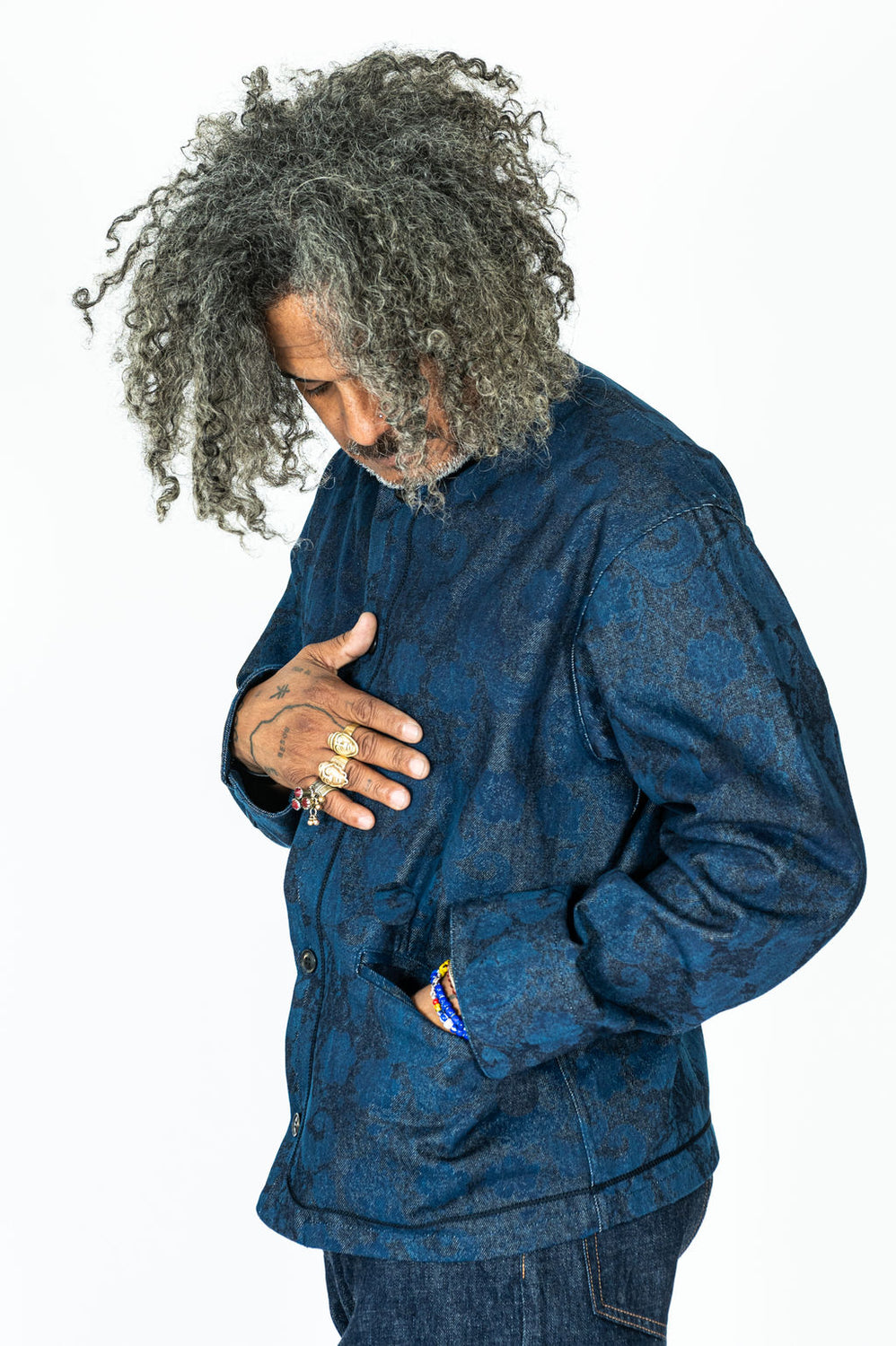 Woven Discharge Printed Denim Tsujigahana Stand Up Collar Jacket