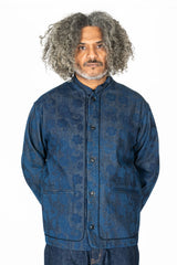 Woven Discharge Printed Denim Tsujigahana Stand Up Collar Jacket