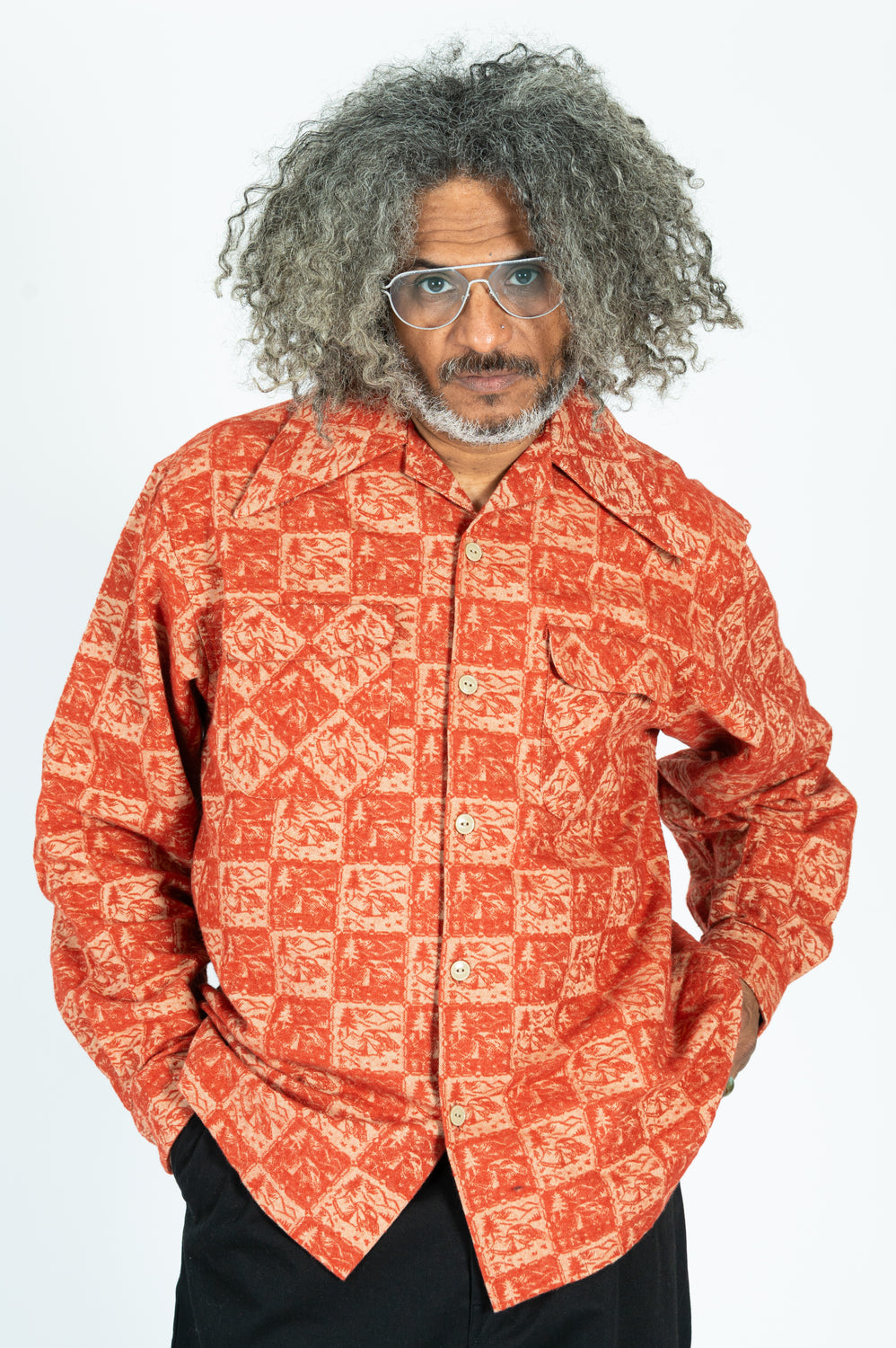 CAMP Jacquard Flannel WRANGLE Collar Board Shirt Red