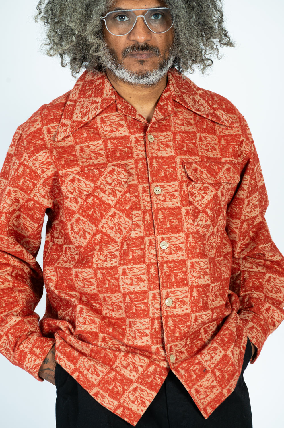 CAMP Jacquard Flannel WRANGLE Collar Board Shirt Red