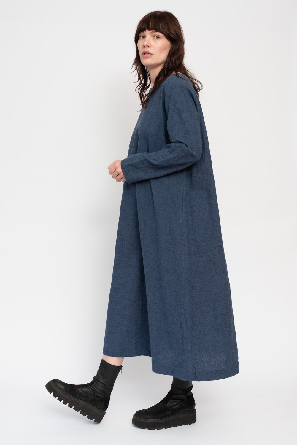 Cotton and Linen Nep Dress Navy