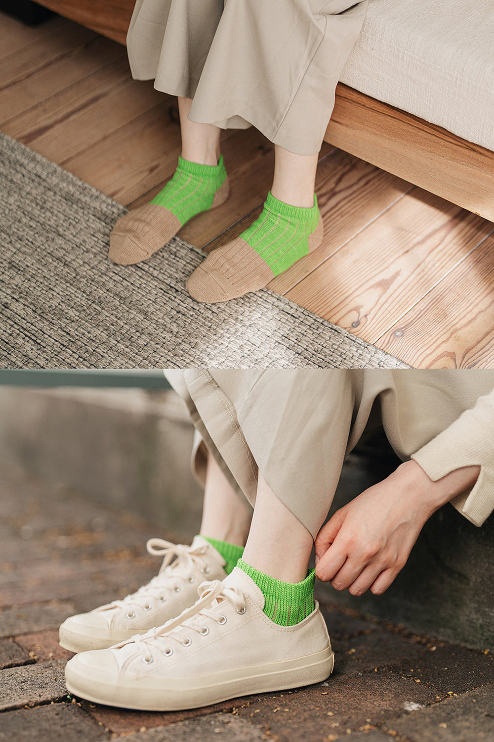 Linen + Cotton Ribbed Ankle Socks Bright Green