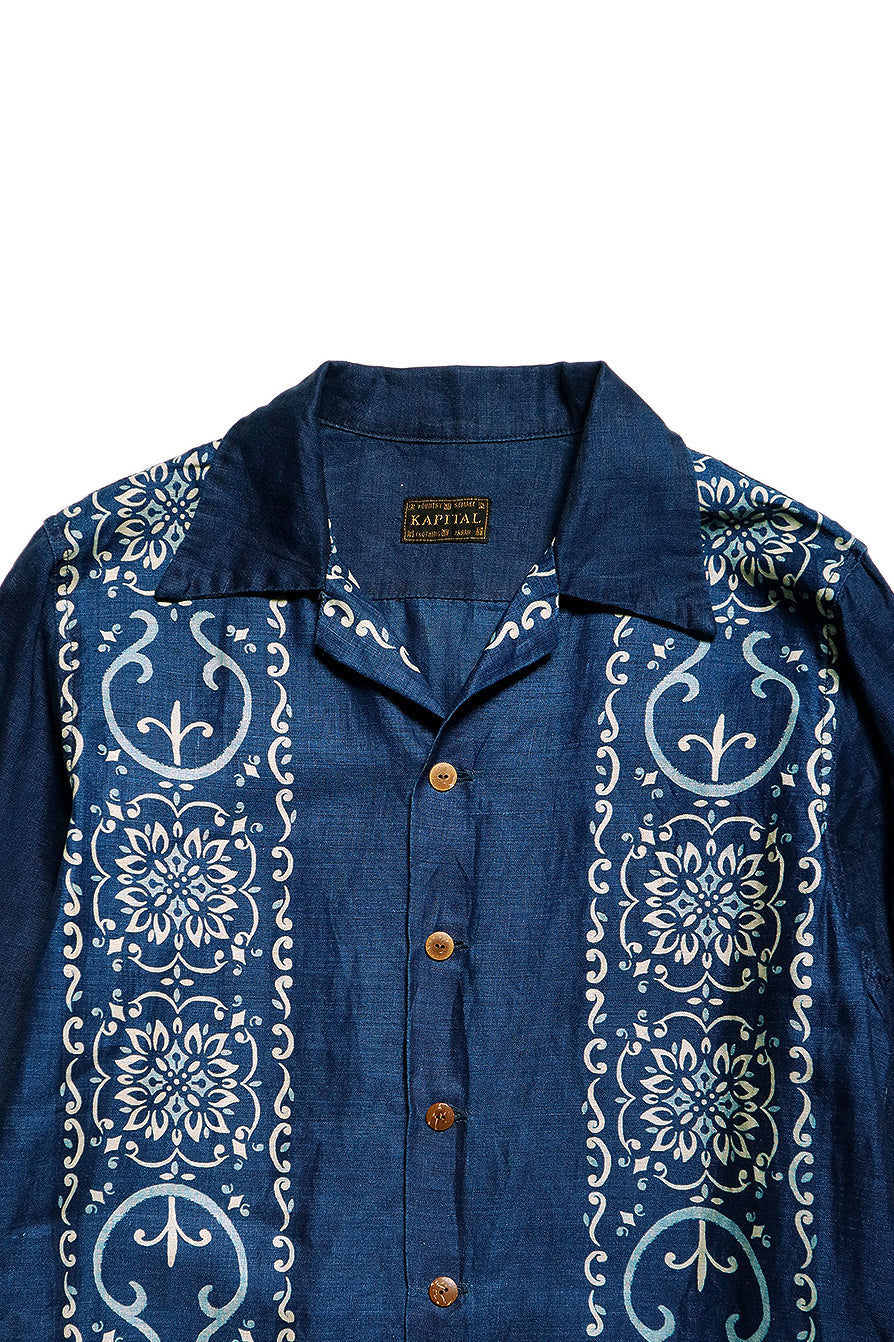 French Cross Linen HABANANAJA Pattern Open Collar Dress