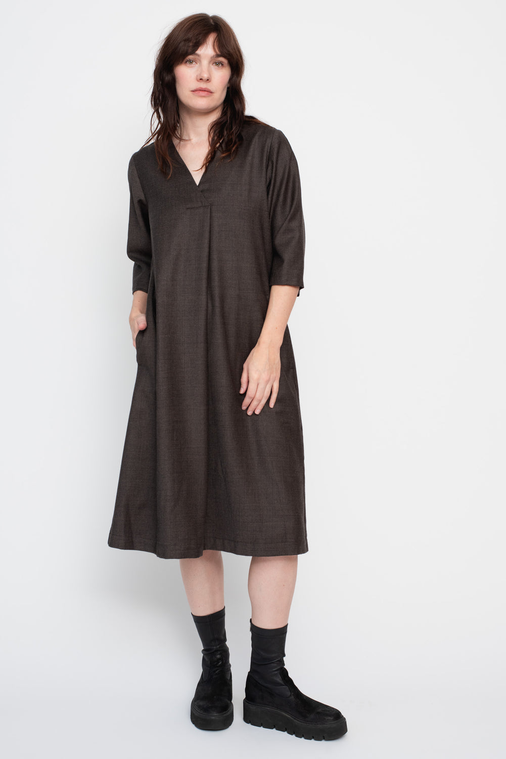 V-Neck Dress Brown Check
