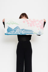 Vintage Japanese Tenugui — Mount Fuji & Cherry Blossoms Pavilion Scene Japan