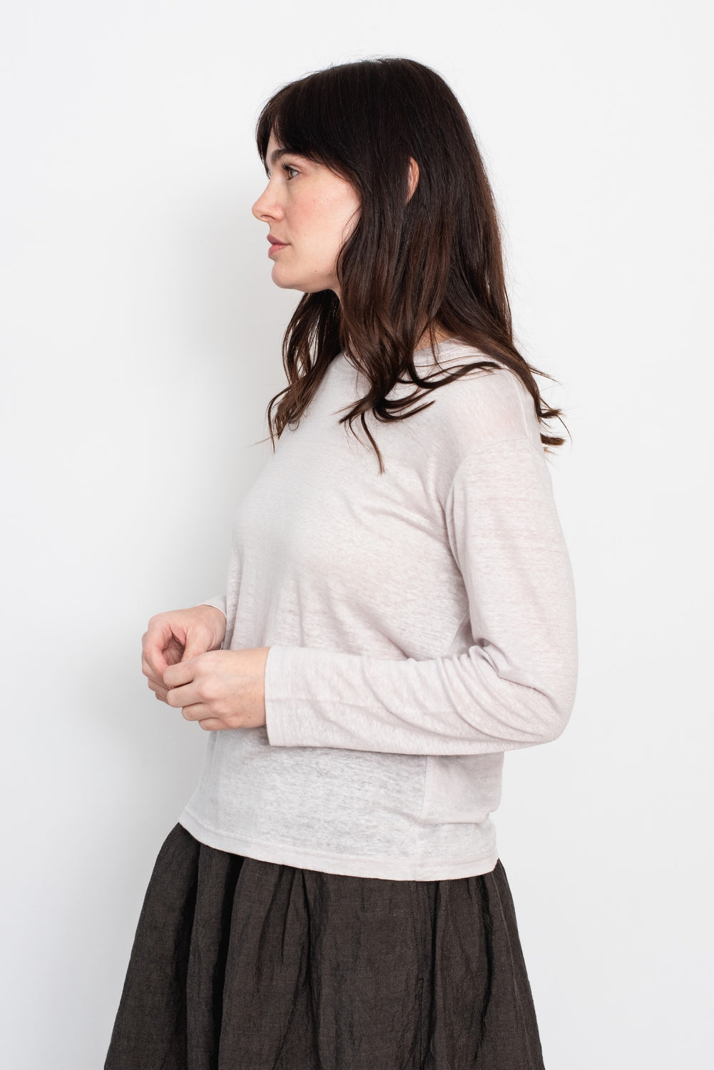 Linen Long Sleeve T Shirt, Grey-Pink