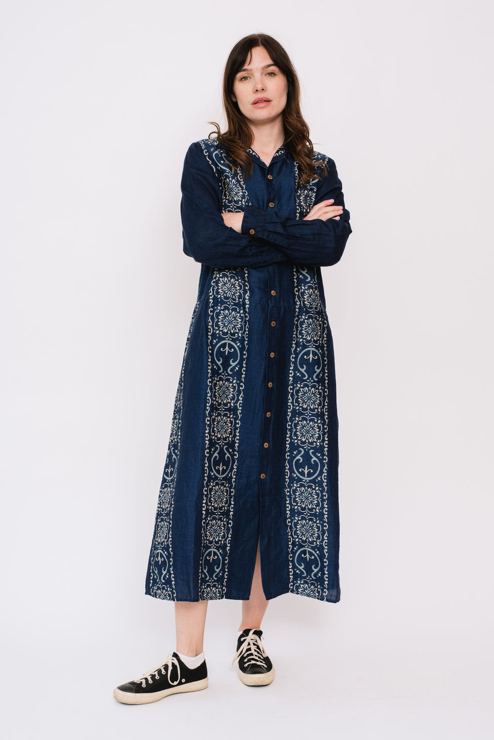 French Cross Linen HABANANAJA Pattern Open Collar Dress