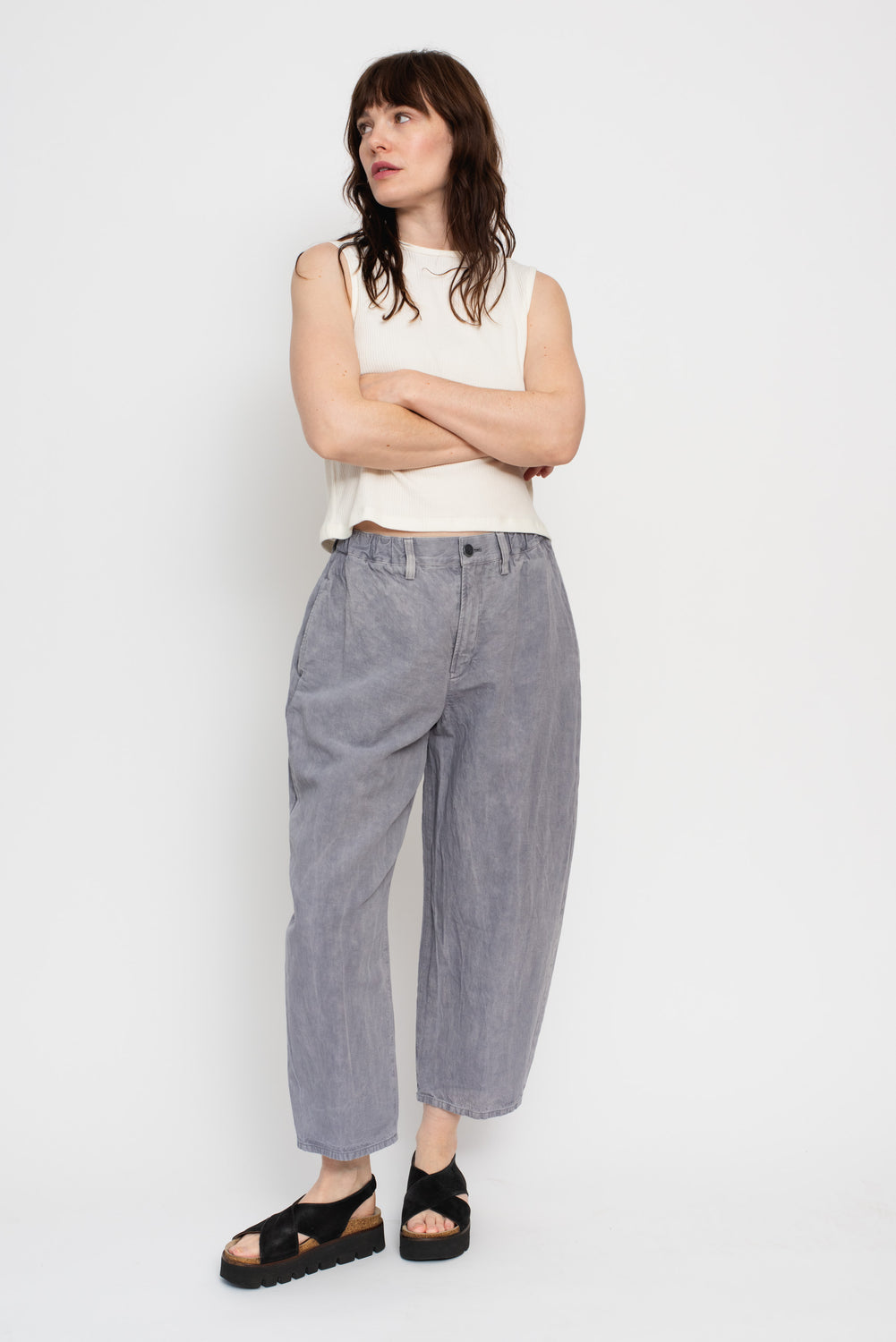 Cotton and Linen Garment Dyed Pants, Blue Grey