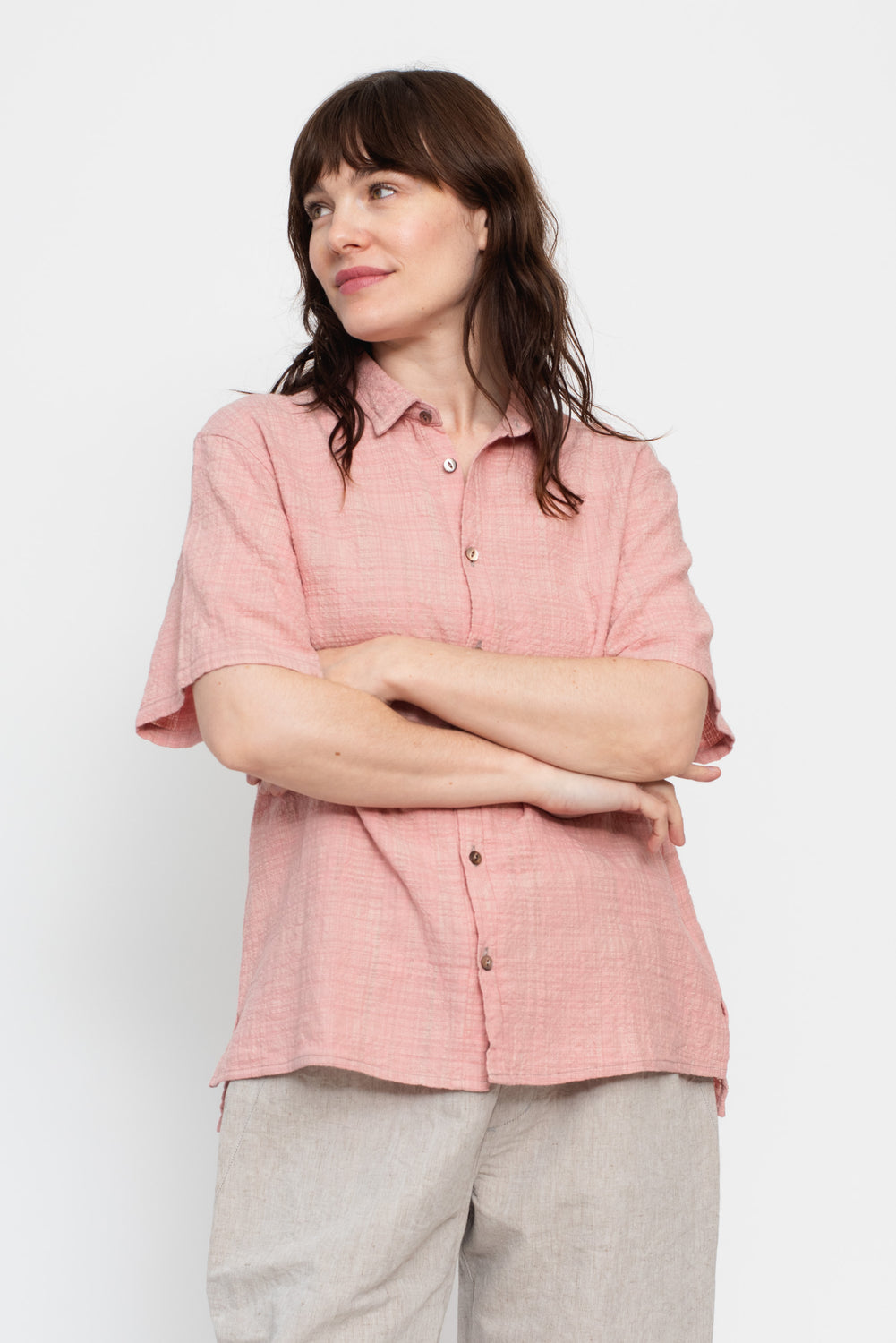 Unisex Organic S/S Cotton Slub Shirt, Pink and White