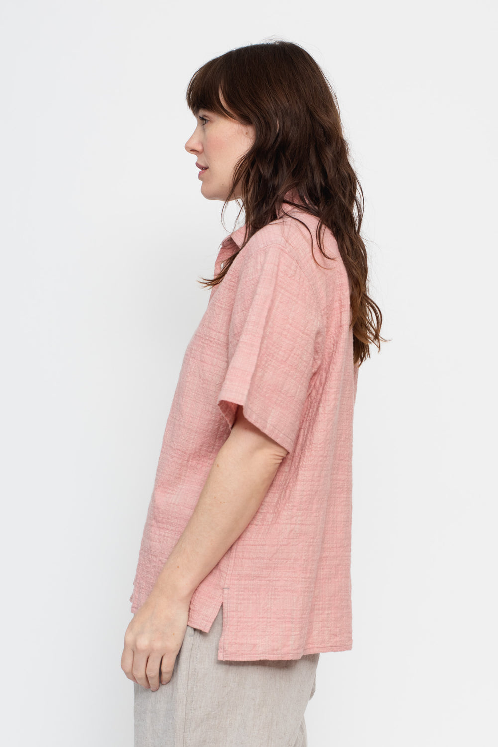 Unisex Organic S/S Cotton Slub Shirt, Pink and White