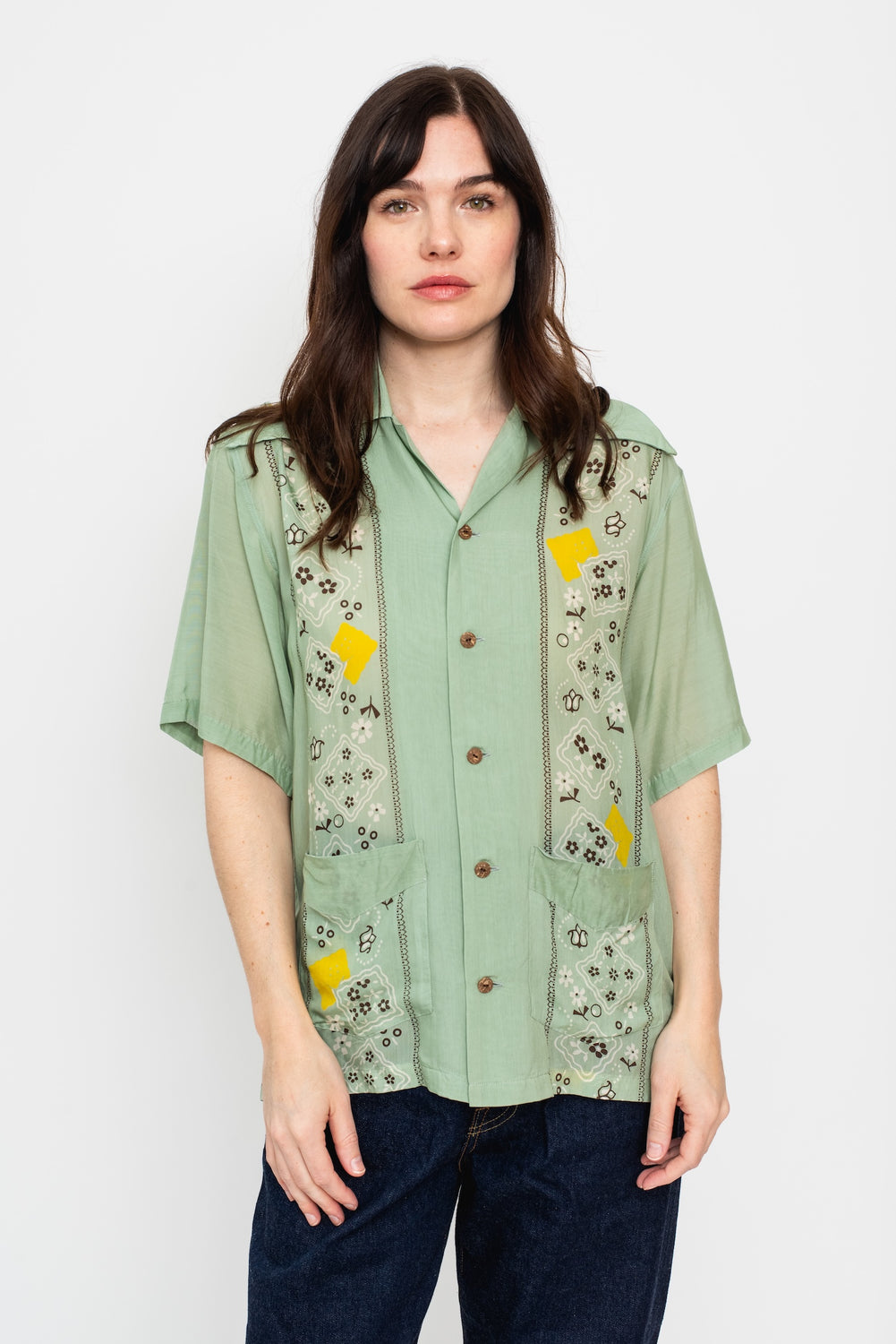 Silk Rayon PECKISH RAINBOWY WRANGLE Collar Cuba Shirt, Mint