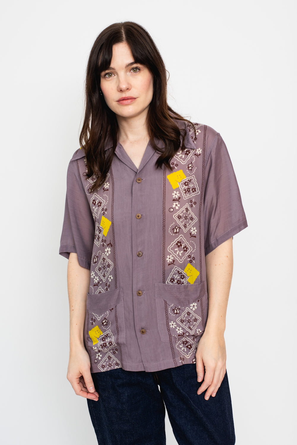 Silk Rayon PECKISH RAINBOWY WRANGLE Collar Cuba Shirt, Purple