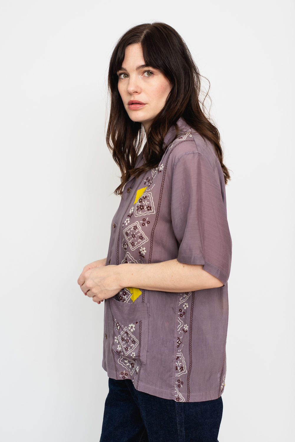 Silk Rayon PECKISH RAINBOWY WRANGLE Collar Cuba Shirt, Purple