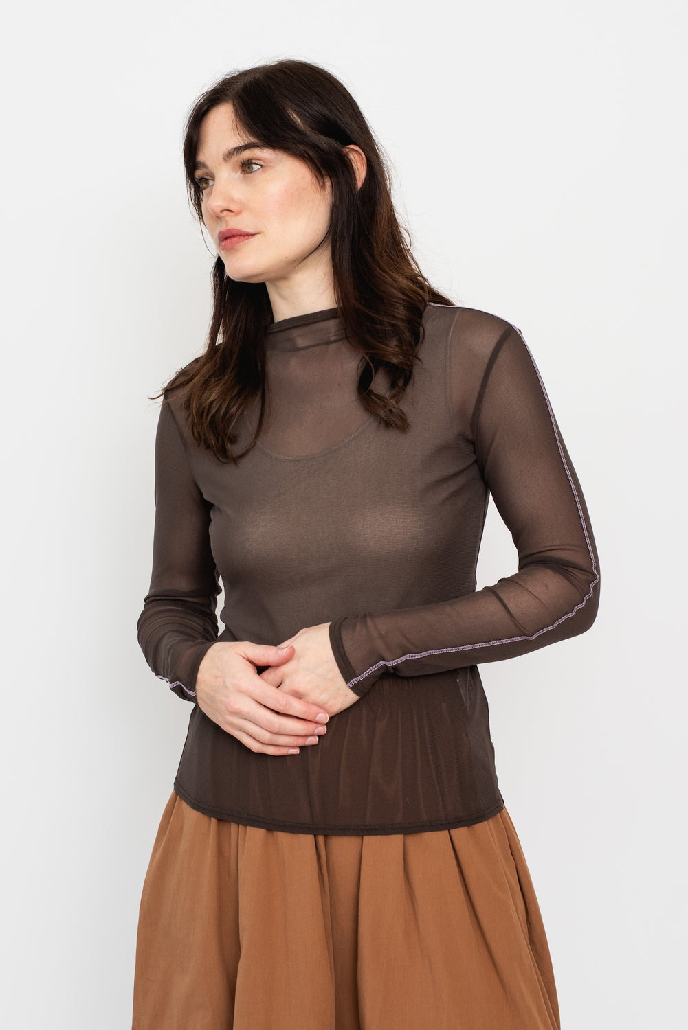 Rein Long Sleeve Mesh Top, Brown Lilac