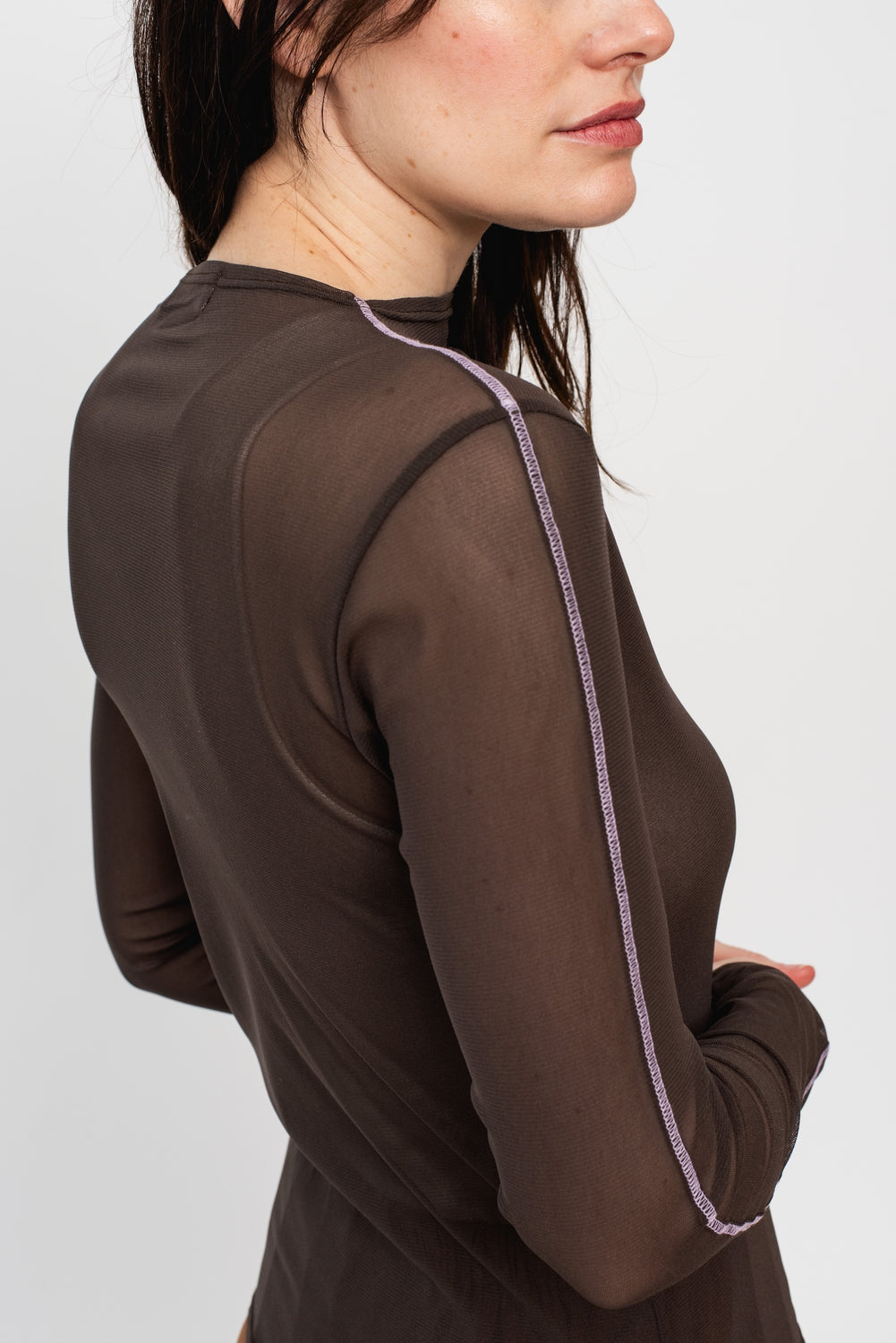 Rein Long Sleeve Mesh Top, Brown Lilac