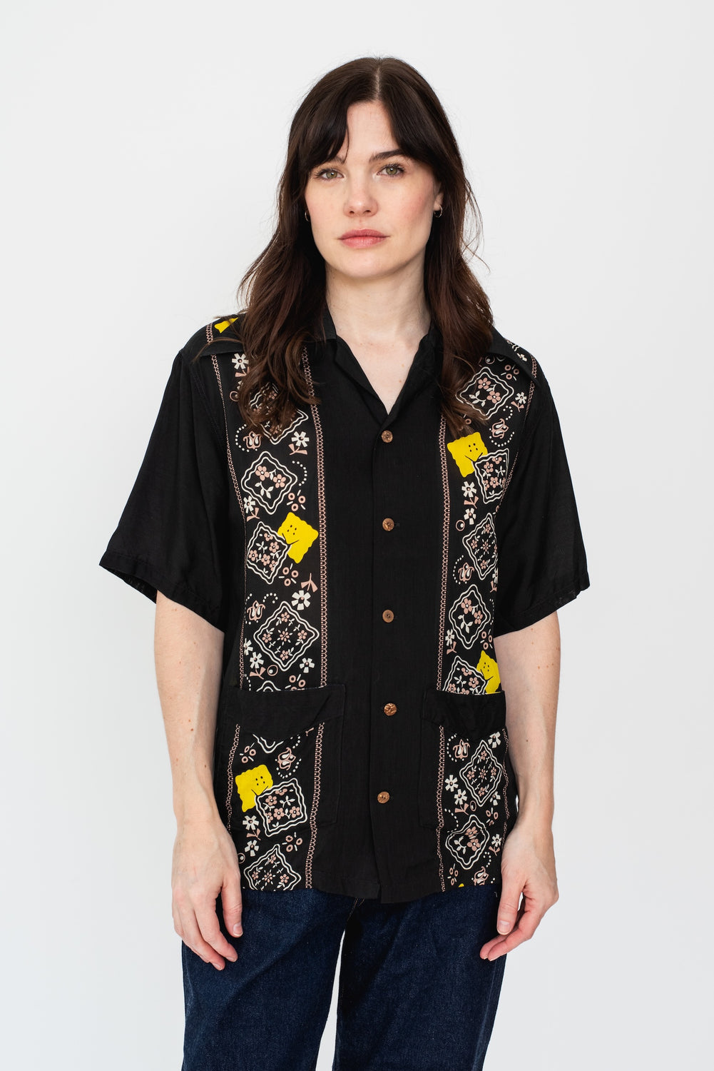 Silk Rayon PECKISH RAINBOWY WRANGLE Collar Cuba Shirt, Black