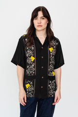 Silk Rayon PECKISH RAINBOWY WRANGLE Collar Cuba Shirt, Black
