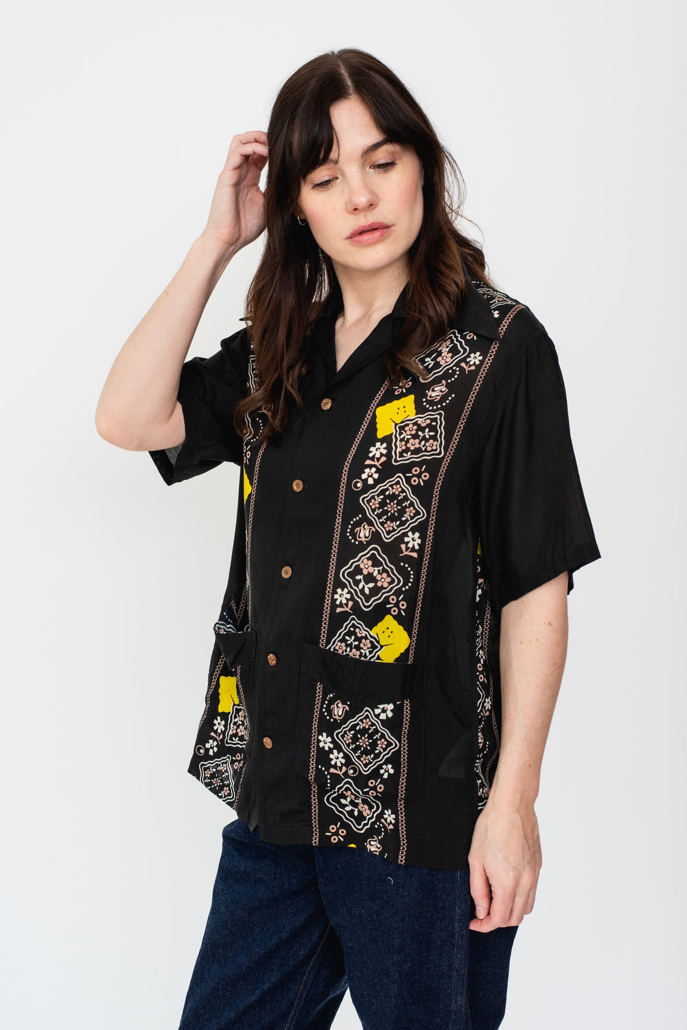 Silk Rayon PECKISH RAINBOWY WRANGLE Collar Cuba Shirt, Black
