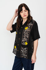 Silk Rayon PECKISH RAINBOWY WRANGLE Collar Cuba Shirt, Black