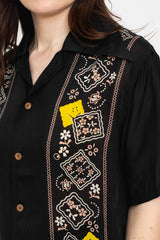 Silk Rayon PECKISH RAINBOWY WRANGLE Collar Cuba Shirt, Black