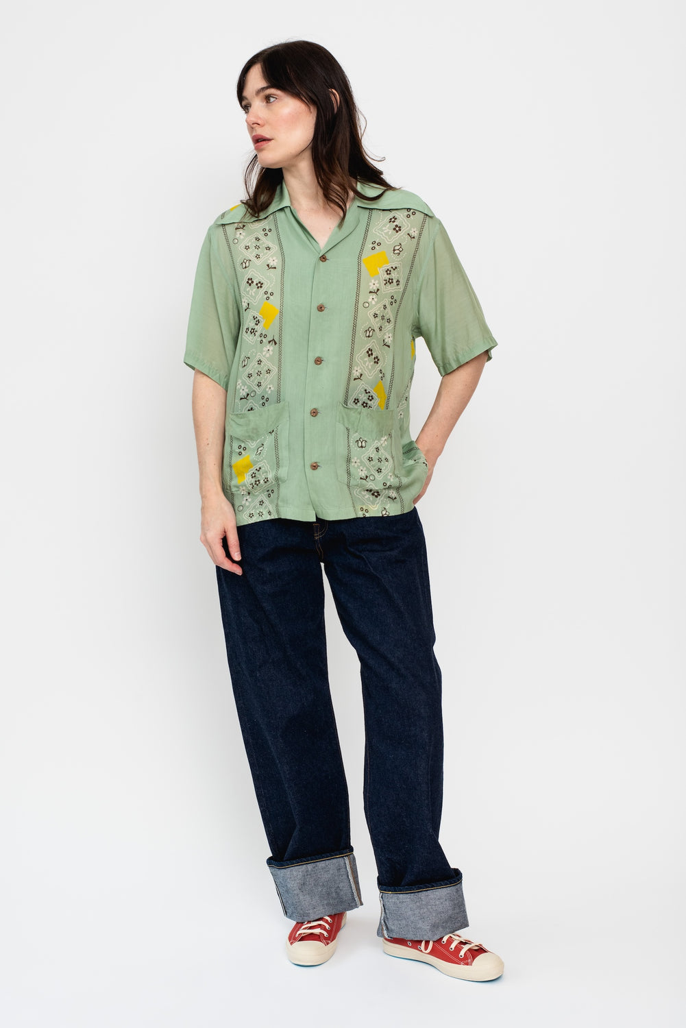 Silk Rayon PECKISH RAINBOWY WRANGLE Collar Cuba Shirt, Mint