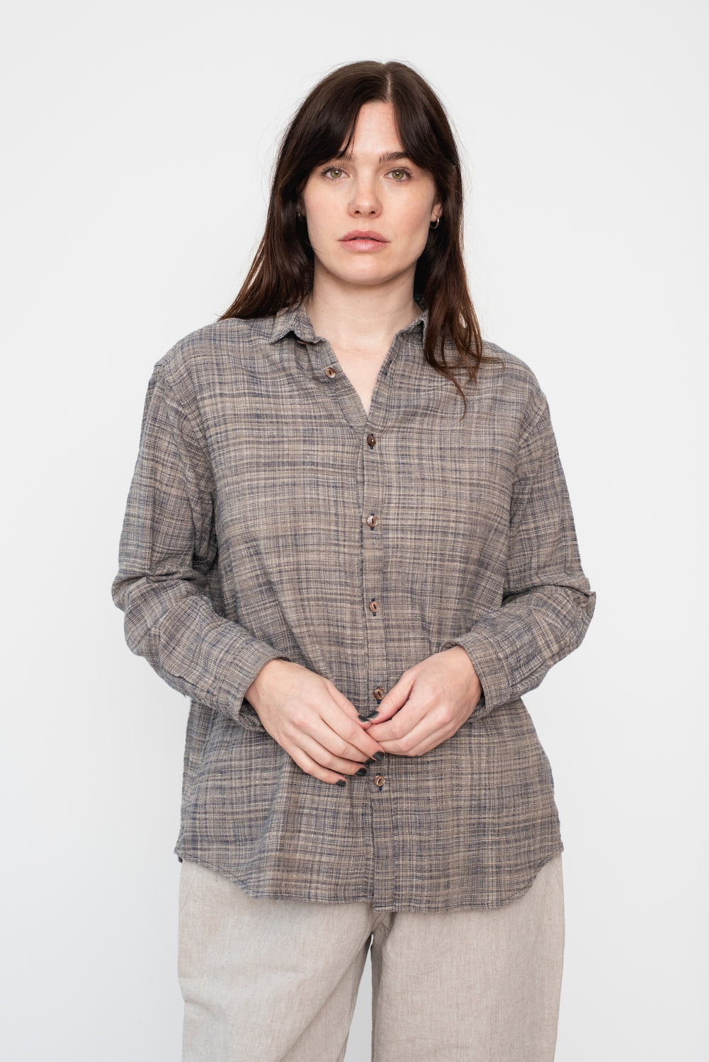 Organic Cotton Long Sleeve Shirt, Navy Gray