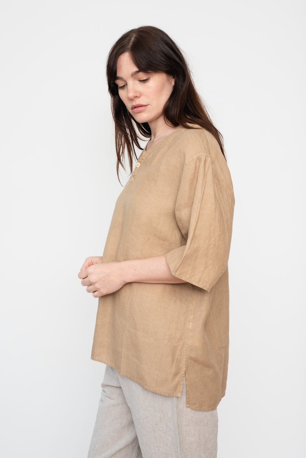 Hemp Short Sleeve Henley Shirt, Walnut