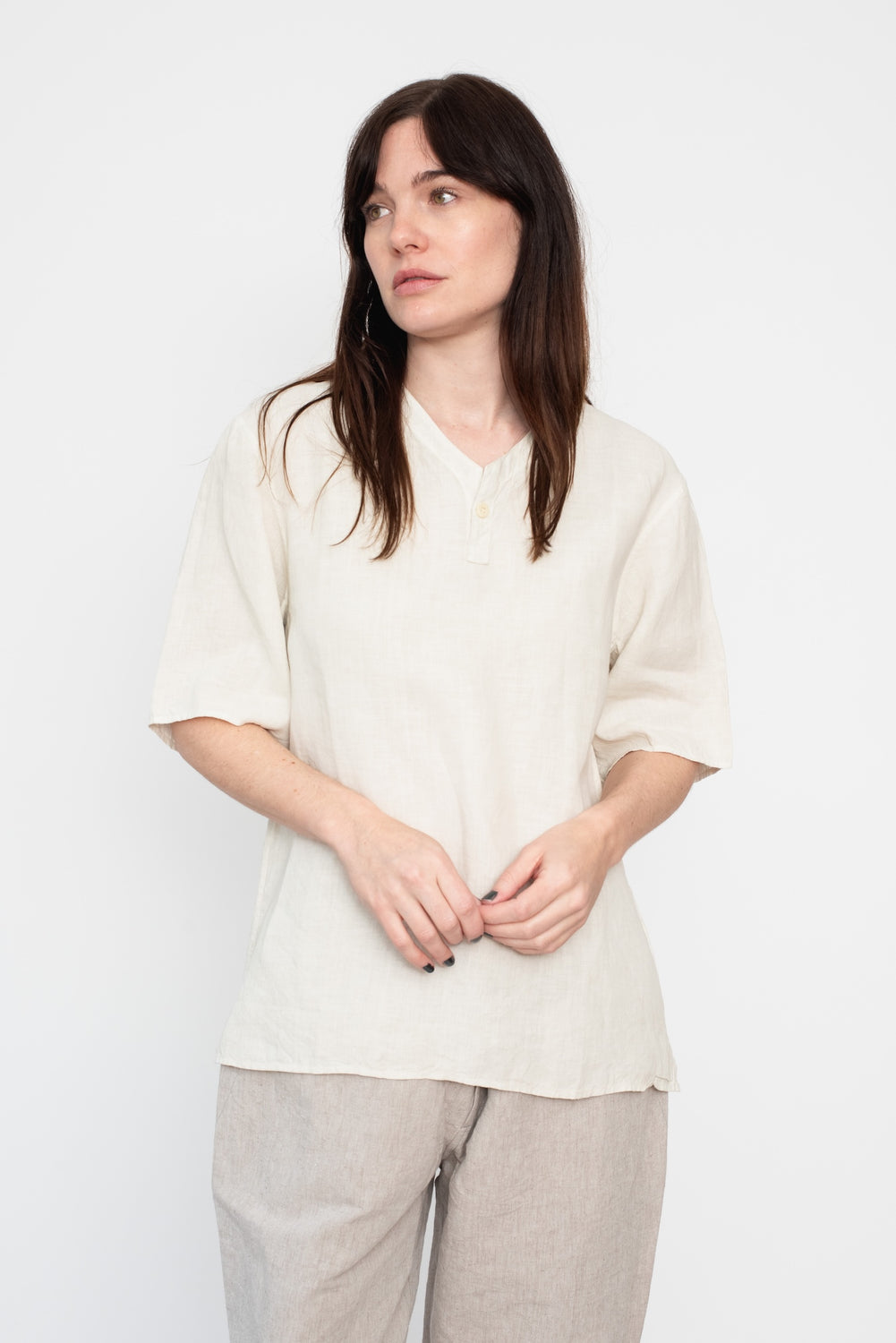 Hemp Short Sleeve Henley Shirt, White Bengala Dye