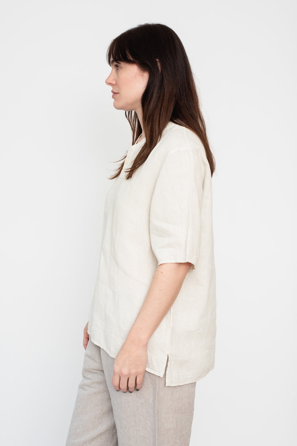 Hemp Short Sleeve Henley Shirt, White Bengala Dye