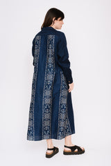 French Cross Linen HABANANAJA Pattern Open Collar Dress