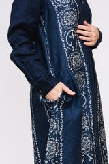 French Cross Linen HABANANAJA Pattern Open Collar Dress