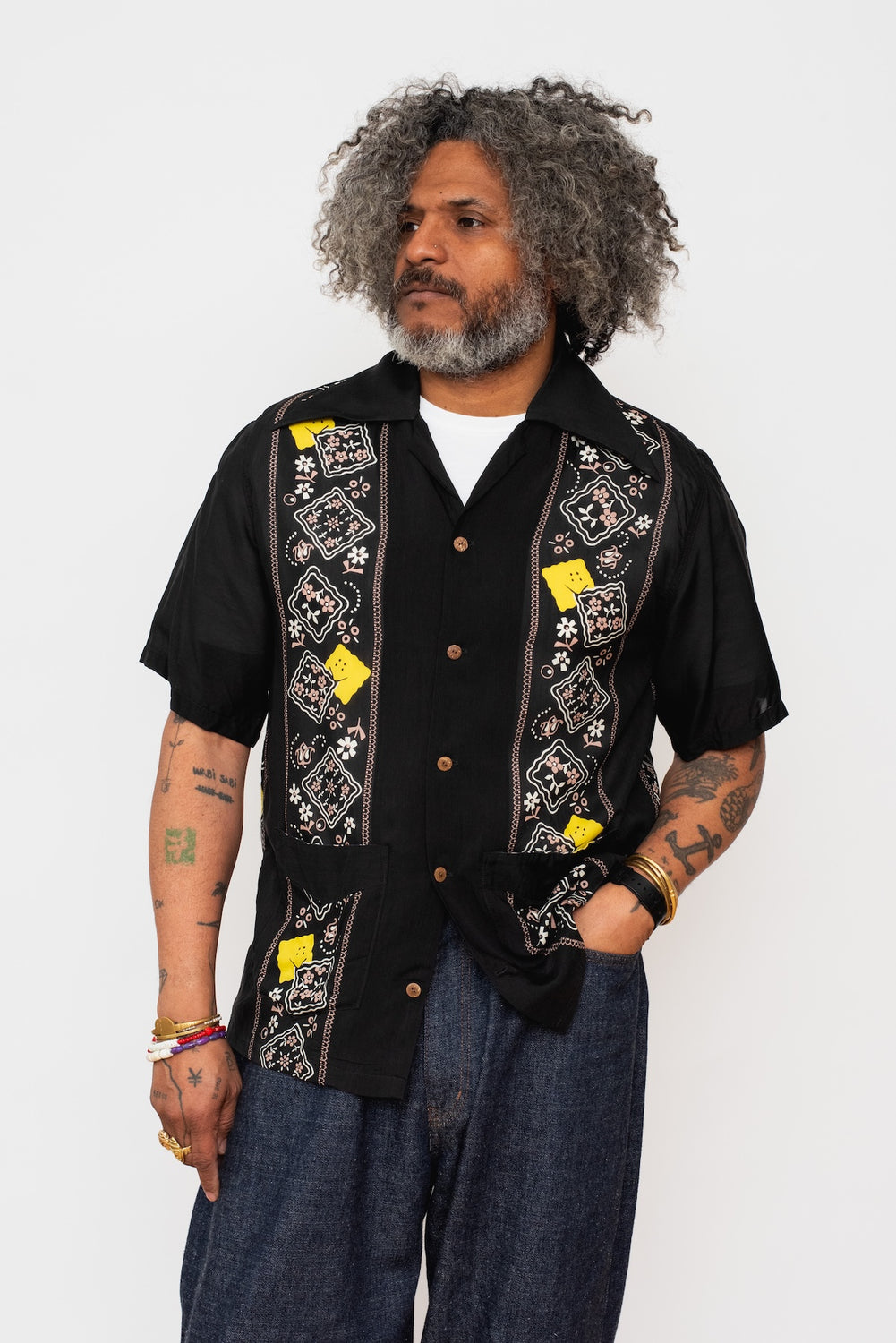 Silk Rayon PECKISH RAINBOWY WRANGLE Collar Cuba Shirt, Black