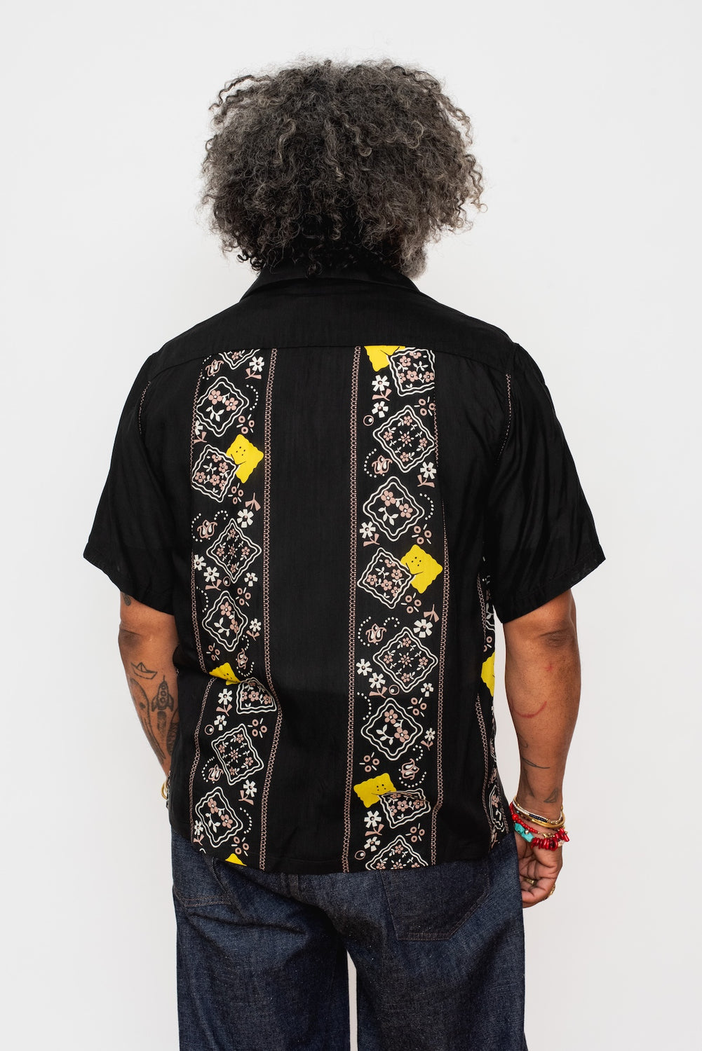 Silk Rayon PECKISH RAINBOWY WRANGLE Collar Cuba Shirt, Black