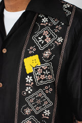 Silk Rayon PECKISH RAINBOWY WRANGLE Collar Cuba Shirt, Black