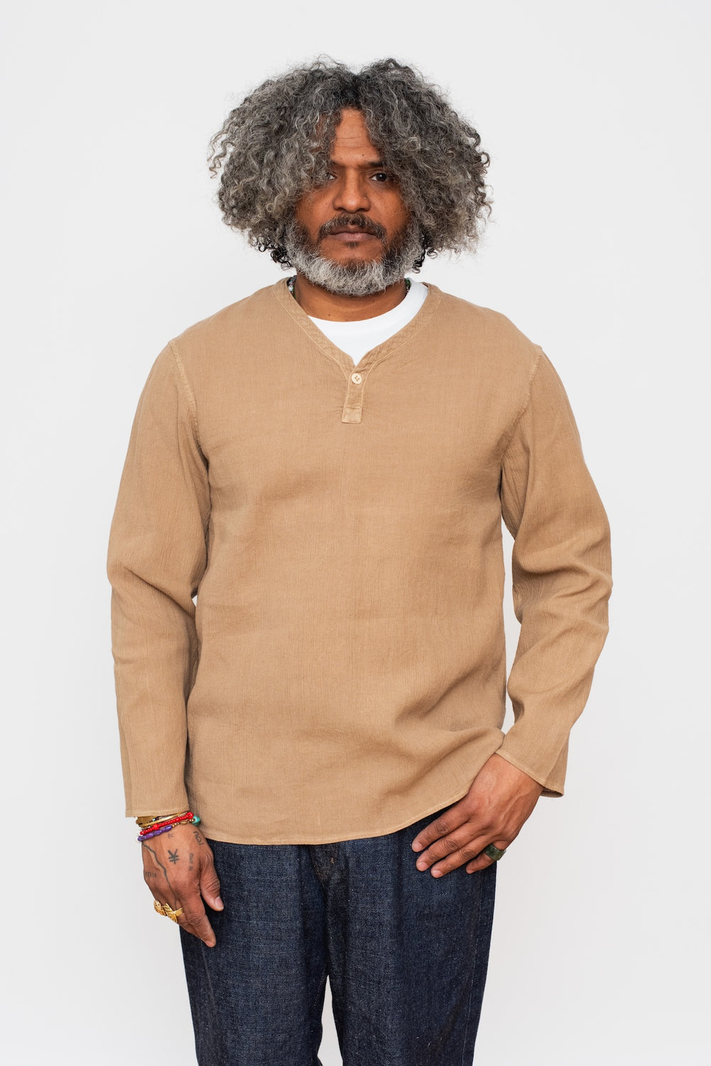 Tightly Twisted Cotton and Hemp Long Sleeve Henley Shirt, Walnut