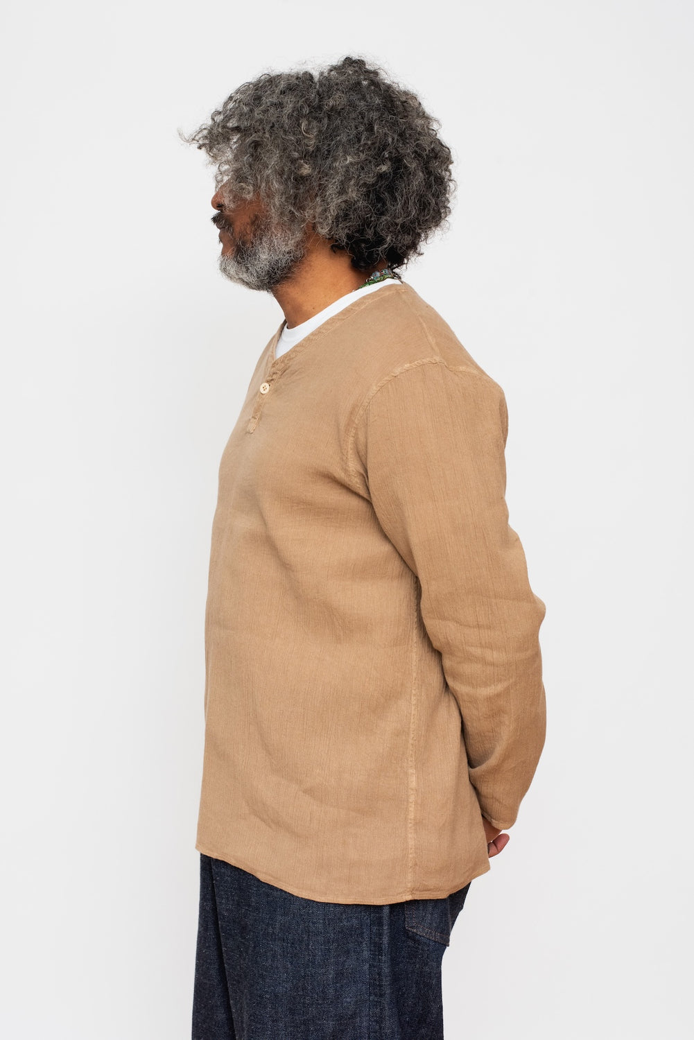 Tightly Twisted Cotton and Hemp Long Sleeve Henley Shirt, Walnut