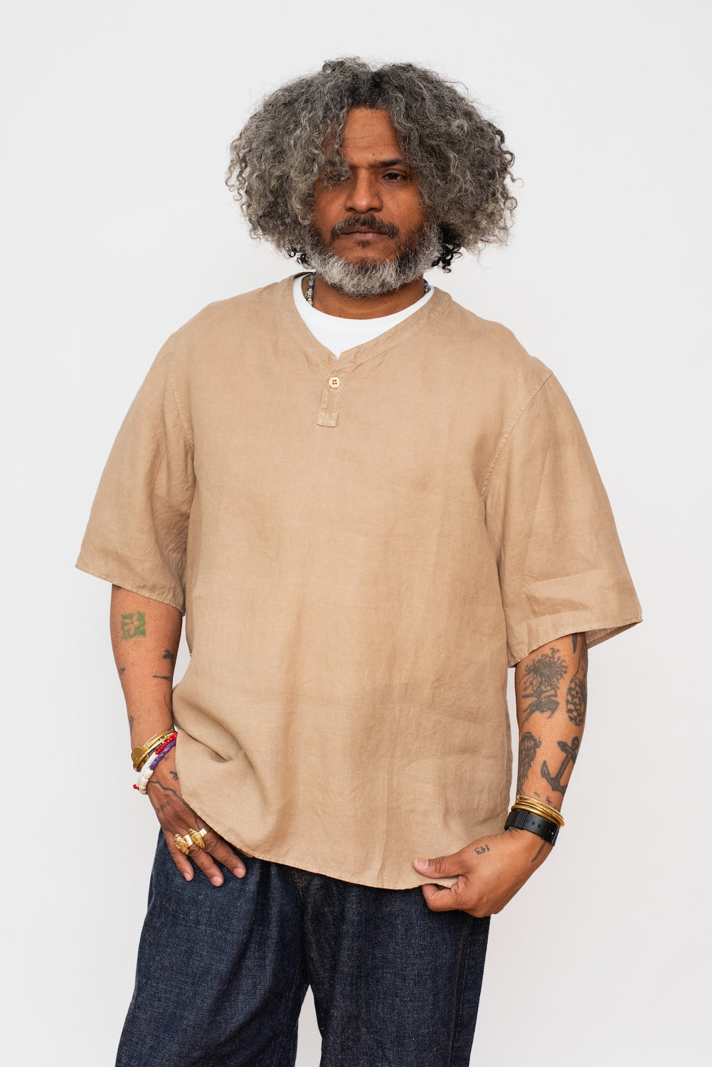 Unisex Hemp Short Sleeve Henley Shirt, Walnut Dye