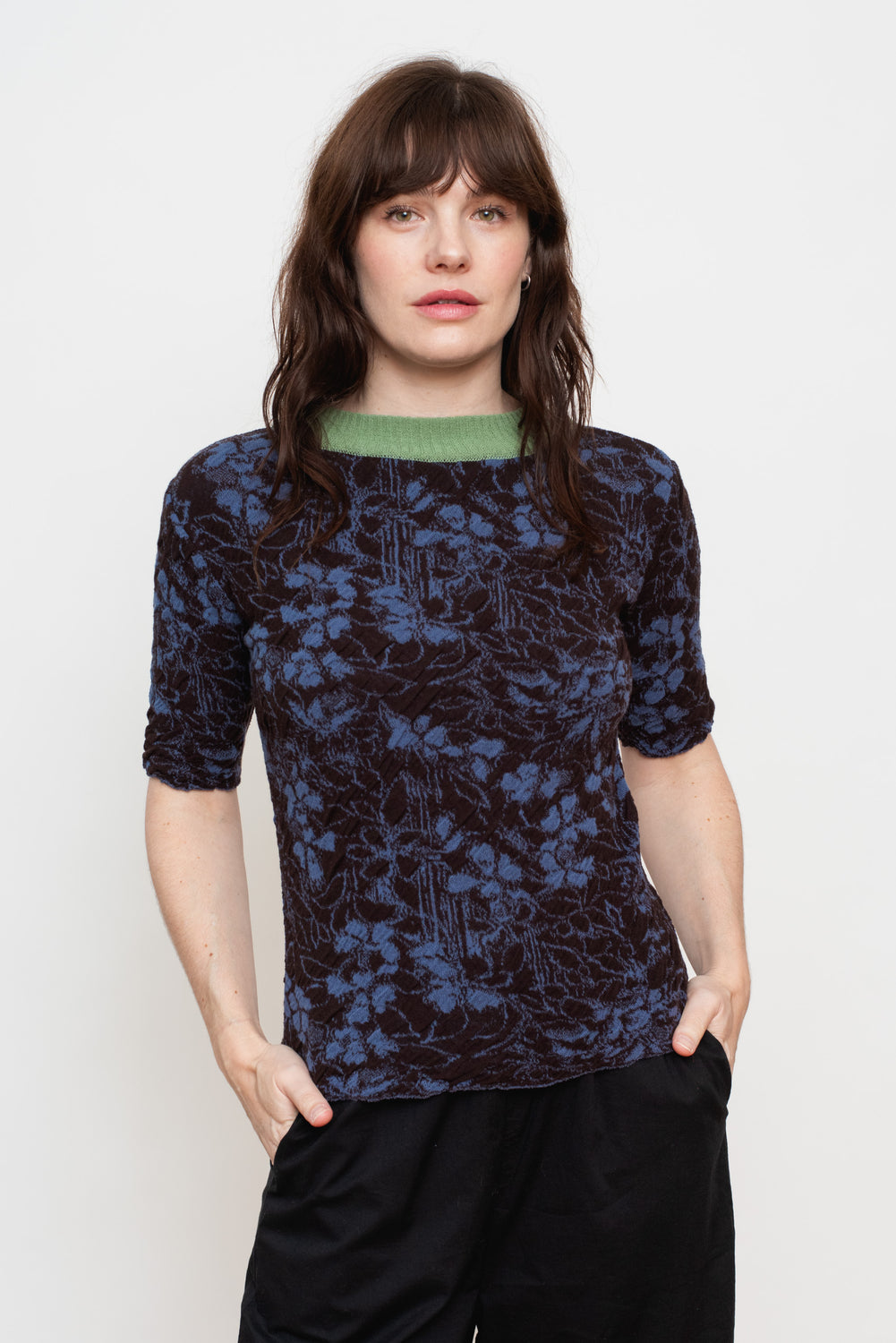 Cotton Knit Floral Sweater, Violet Blue