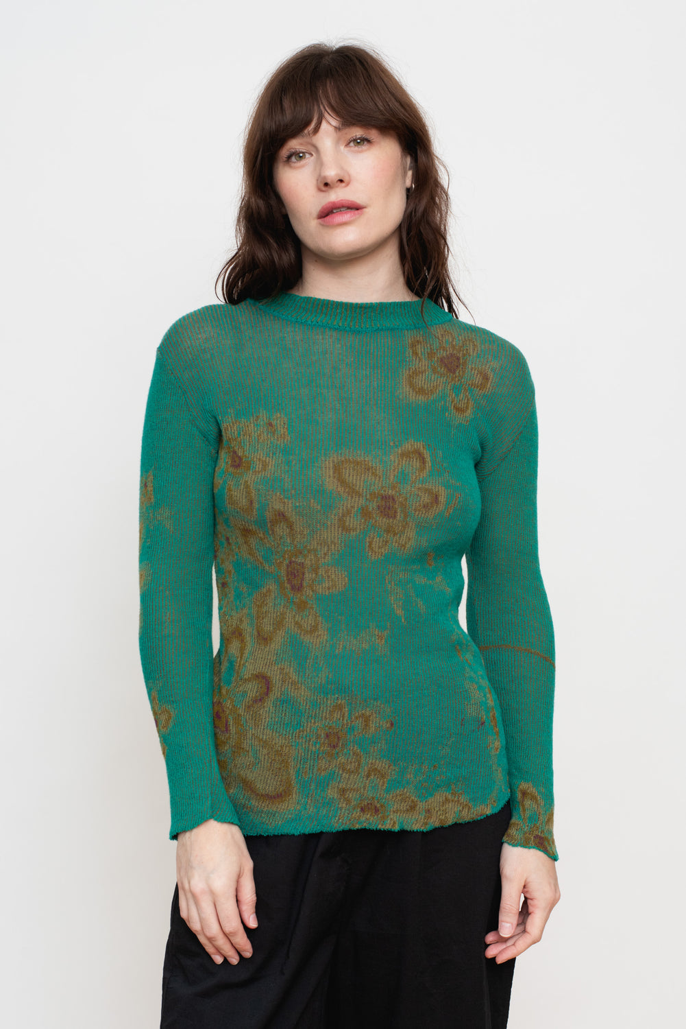 Cotton Knit Floral L/S Sweater, Emerald Green