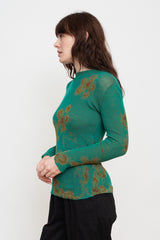 Cotton Knit Floral L/S Sweater, Emerald Green