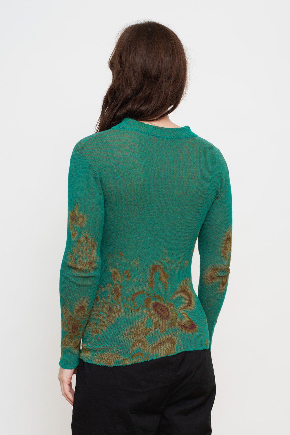 Cotton Knit Floral L/S Sweater, Emerald Green